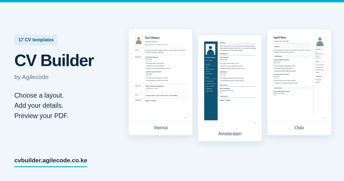 Vienna, Amsterdam and Oslo CV templates in CV Builder by Agilecode